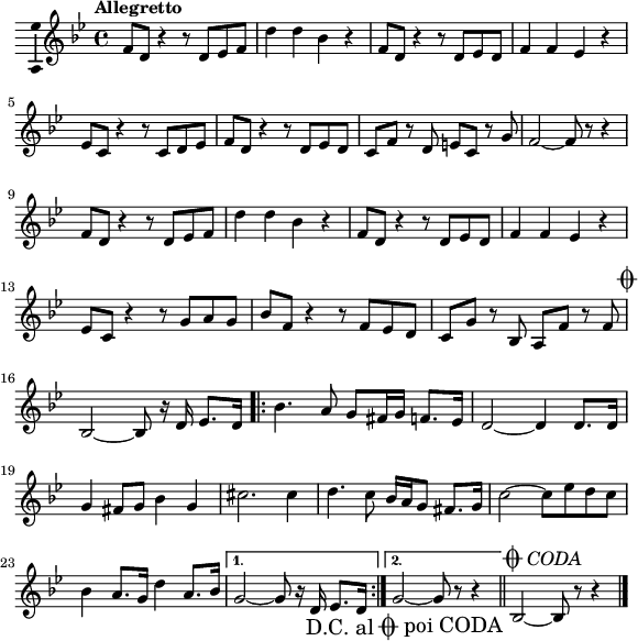 \version "2.18.2"
\layout { \context { \Voice \consists "Ambitus_engraver" } }
\header { tagline = "" }
\paper {
paper-width = 160\mm
}
boldogsag = \relative c' { f8 d r4 r8 d es f| d'4 d bes r| f8 d r4 r8 d es d| f4 f es r| }
boldogsagtxt = \lyricmode { Vi -- gyázz, ha jön a bol -- dog -- ság, Vi -- gyázz, so -- ká -- ig nem vár rád, }
eleje = \relative c' { %{...ha jön a boldogság%} \boldogsag \break
%{...vagy egy-két napod%} es8 c r4 r8 c d es| f d r4 r8 d es d| c f r d e c r g'| f2 ~ f8 r r4| \break
%{...ha jön a boldogság%} \boldogsag
%{...nyisd ki a szemed%} es8 c r4 r8 g' a g| bes f r4 r8 f es d| c g' r bes, a f' r f| }
vege = \relative c' { bes2 ~ bes8 r16
%{egy villanás%} d es8. d16| \repeat volta 2 { bes'4. a8 g fis16 g f8. es16| d2 ~ d4 d8. d16| g4 fis8 g bes4 g| cis2.
%{csak menj a gyönyörű%} cis4| d4. c8 bes16 a g8 fis8. g16| c2 ~ c8 es d c| bes4 a8. g16 d'4 a8. bes16| }
\alternative { { g2 ~ g8 r16 d es8. d16| } { g2 ~ g8 r r4| } } }
koda = { bes2 ~ bes8 r r4 \bar "|." }
dallam =
\relative c' {
\key g \minor
\time 4/4
\set Score.tempoHideNote = ##t \tempo "Allegretto" 4 = 120
\transposition c'
\eleje \once \override Score.RehearsalMark.break-visibility = ##(#t #t #f) \mark \markup { \musicglyph #"scripts.coda" } \break
\vege \bar "||"
\override Score.RehearsalMark.break-visibility = ##(#t #t #f)
\override Score.RehearsalMark.self-alignment-X = #1
\override Score.RehearsalMark #'direction = #-1 \mark \markup { \vcenter { "D.C. al" \musicglyph #"scripts.coda" "poi CODA" } }
}
\score {
{ \dallam <>^\markup { \vcenter { \fontsize #+2 \musicglyph #"scripts.coda" \fontsize #+1 \italic "CODA" } } \koda }
\header {
title = "Vigyázz, ha jön a boldogság"
composer = "Kenneth Alford"
}
\layout { indent = 0.0\cm }
}
\score {
\unfoldRepeats
{
\set Staff.midiInstrument = "accordion"
\dallam \eleje \koda
}
\midi { }
}