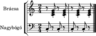 \new StaffGroup
<<
\new Staff \with {
instrumentName = \markup {
\hcenter-in #-10
Brácsa
}
}
{
\set Staff.midiInstrument = "viola"
\time 2/4
r8 <<c' e' g'-.>>
r <<c' e' g'-.>>
r <<c' e' g'-.>>
r <<c' e' g'-.>> \bar "|."
}
\new Staff \with {
instrumentName = \markup {
\hcenter-in #-10
Nagybőgő
}
}
{
\clef bass
\set Staff.midiInstrument = "contrabass"
c8-. r c-. r c-. r c-. r
}
>>
\layout {
indent = #20
}