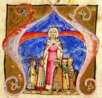 Lajos anyja, Łokietek Erzsébet és testvérei, András és István hercegek, valamint Katalin és Erzsébet hercegnők mellett a Képes krónika miniatúráján