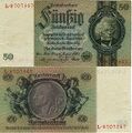 A Reichsbank 1933-as sorozatú 50 birodalmi márkás bankjegye. Az előoldalán David Hansemann (1790-1864) portréjával, a hátoldalon allegorikus alakok ("Törvény" és az "Irodalom"), valamint Mercurius ábrázolása látható.[12]