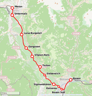 A Bozen–Meran-vasútvonal útvonala